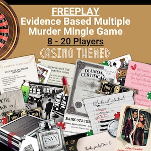 May include: A casino-themed murder mystery game kit featuring a roulette wheel, playing cards, a diamond certificate, a bank statement, a perfume bottle labelled Envy, a lipstick, and various documents with text including Evidence Based Multiple Murder Mingle Game.