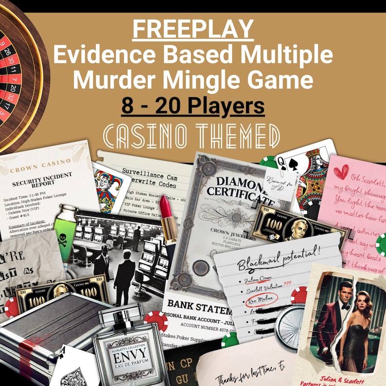 May include: A casino-themed murder mystery game kit featuring a roulette wheel, playing cards, a diamond certificate, a bank statement, a perfume bottle labelled Envy, a lipstick, and various documents with text including Evidence Based Multiple Murder Mingle Game.