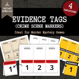 Peut inclure: Plusieurs étiquettes de preuves avec le texte "EVIDENCE TAGS (CRIME SCENE MARKERS)". Les étiquettes sont de différentes couleurs, avec des numéros et des codes-barres. L'image contient également le texte "INSTANT DOWNLOAD".