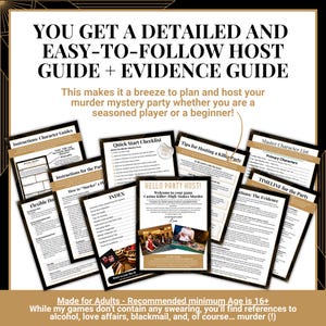 May include: A collection of printed documents for a murder mystery party game, including a host guide, evidence guide, quick start checklist, character lists, and party timelines. The pages feature black and gold accents with clear text.