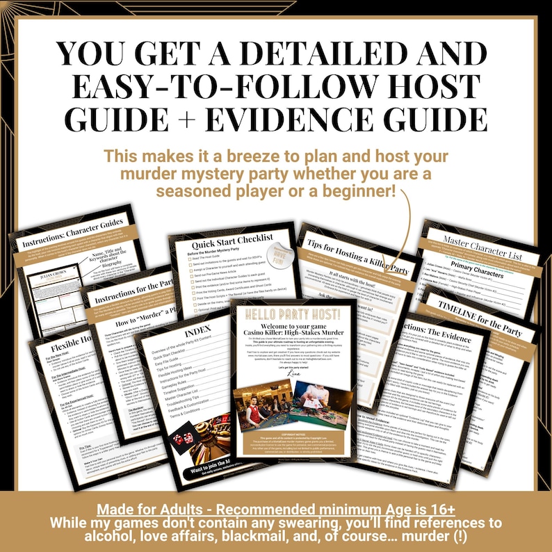 May include: A collection of printed documents for a murder mystery party game, including a host guide, evidence guide, quick start checklist, character lists, and party timelines. The pages feature black and gold accents with clear text.