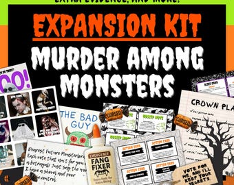 May include: An expansion kit for the Murder Among Monsters game featuring various printed cards, including action cards, alibi cards, and a bottle labeled Emergency Fang Fixer. The text includes titles like Murder Among Monsters and Crown Plan.