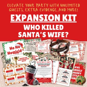 May include: A Christmas-themed murder mystery game expansion kit with a red background and the text "Who Killed Santa's Wife?"  The kit includes a variety of game pieces, including cards, a trophy, a coal-shaped object, and a belt with the name "Dasher" on it.