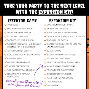 May include: A comparison chart titled Take Your Party To The Next Level With The Expansion Kit. It lists contents for an Essential Game and an Expansion Kit, including host guides, character prompts, evidence packs, and various game cards.