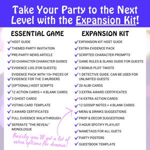 May include: An image promoting a party game expansion kit. The image lists items included in the "Essential Game" and "Expansion Kit", such as character guides, evidence packs, and action cards. The text is in purple and white.