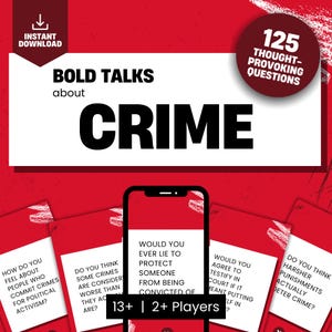Tarjetas de preguntas con temática de CRIMEN, temas para iniciar conversaciones, juegos de mesa para adultos sobre leyes, temas de chat, PDF imprimible, descarga digital