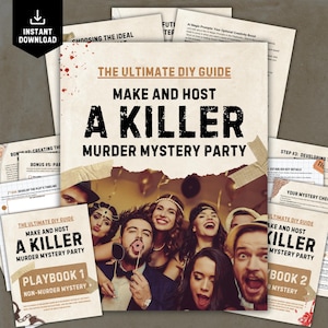 Puede incluir: Una guía para organizar una fiesta de misterio de asesinato. La portada presenta a un grupo de personas vestidas con atuendos de la década de 1920, con el título "Make and Host a Killer Murder Mystery Party" en rojo y negro.