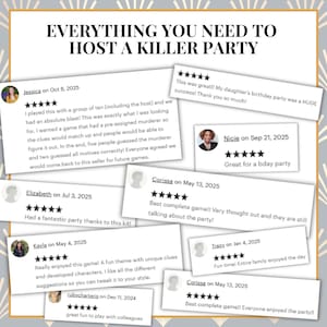 Puede incluir: La imagen muestra el texto "EVERYTHING YOU NEED TO HOST A KILLER PARTY" con rese&ntilde;as de clientes. Las rese&ntilde;as mencionan temas divertidos, pistas &uacute;nicas y experiencias agradables. La imagen sugiere un juego de misterio o un kit para fiestas.