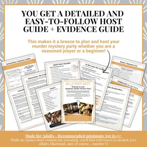Puede incluir: Un conjunto de gu&iacute;as impresas para una fiesta de misterio de asesinato. Las gu&iacute;as incluyen instrucciones, listas de verificaci&oacute;n y listas de personajes. El texto de las gu&iacute;as incluye "Obtienes una gu&iacute;a de anfitri&oacute;n detallada y f&aacute;cil de seguir + gu&iacute;a de evidencia" y "Hello Party Host!"