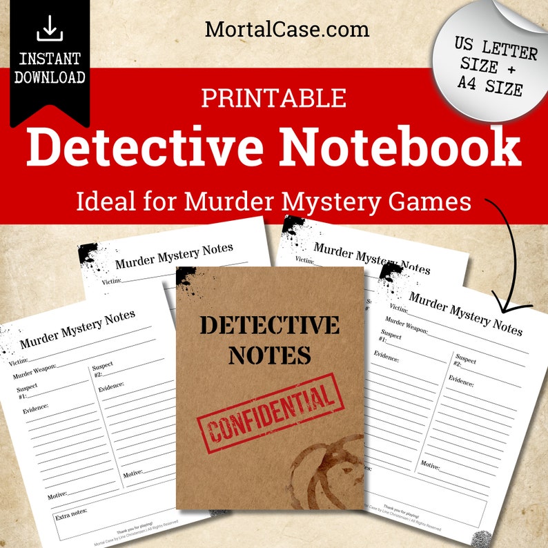 Kraft-brown cover showing printable detective notebook pages stamped Confidential, for a murder mystery game. Investigator note-taking party favour in US Letter and A4 size, instant-download PDF.