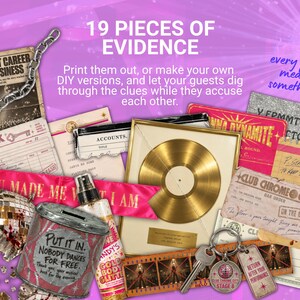 May include: A collection of 19 pieces of evidence for a murder mystery game, including a gold record, a silver chain, a pink ribbon with text, a glittery tin, a spray bottle, a key ring, film strips, and various printed documents on a purple background.