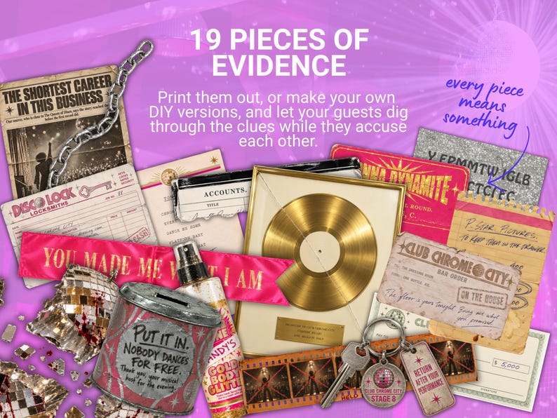 May include: A collection of 19 pieces of evidence for a murder mystery game, including a gold record, a silver chain, a pink ribbon with text, a glittery tin, a spray bottle, a key ring, film strips, and various printed documents on a purple background.
