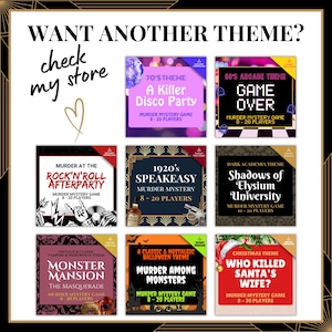 May include: A digital display featuring eight distinct murder mystery game themes with titles including A Killer Disco Party, Game Over, Murder at the Rock'n'Roll Afterparty, 1920's Speakeasy, Shadows of Elysium University, Monster Mansion, Murder Among Monsters, and Who Killed Santa's Wife?