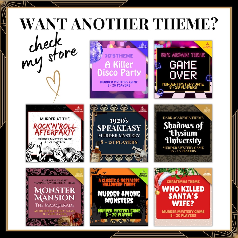 May include: A digital display featuring eight distinct murder mystery game themes with titles including A Killer Disco Party, Game Over, Murder at the Rock'n'Roll Afterparty, 1920's Speakeasy, Shadows of Elysium University, Monster Mansion, Murder Among Monsters, and Who Killed Santa's Wife?