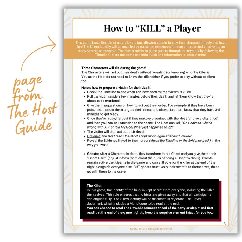 Puede incluir: Una p&aacute;gina de "The Host Guide" con el t&iacute;tulo "How to KILL a Player". El texto detalla las instrucciones del juego, incluida la preparaci&oacute;n de las v&iacute;ctimas, la revelaci&oacute;n de pruebas y el papel de los fantasmas y el asesino. La p&aacute;gina tiene un esquema de color beige y blanco.