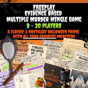 May include: A Halloween-themed party game kit featuring printed cards, a decorative mirror, a wooden pen, and a small orange pouch. Text includes FREEPLAY EVIDENCE BASED MULTIPLE MURDER MINGLE GAME 8-20 PLAYERS and A CLASSIC & NOSTALGIC HALLOWEEN THEME.