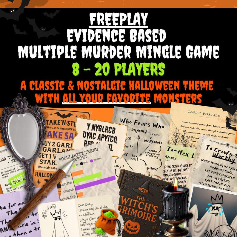 May include: A Halloween-themed party game kit featuring printed cards, a decorative mirror, a wooden pen, and a small orange pouch. Text includes FREEPLAY EVIDENCE BASED MULTIPLE MURDER MINGLE GAME 8-20 PLAYERS and A CLASSIC & NOSTALGIC HALLOWEEN THEME.