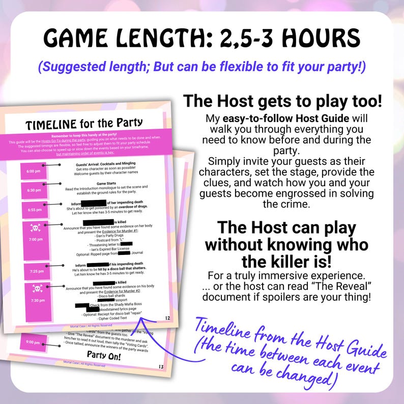 May include: A party game guide with a timeline, suggesting a game length of 2.5-3 hours. The guide provides instructions for the host and guests, focused on solving a crime. The text includes "Timeline for the Party" and "Party On!"