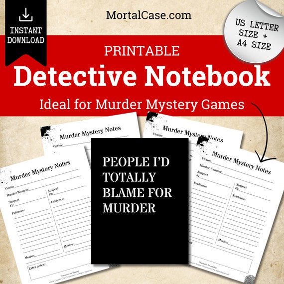 Printable Detective Notebook for Murder Mystery Game, Gift Bag Journal for Murder Mysteries, Notepad Party Favor, A4 + US Letter Size, PDF
