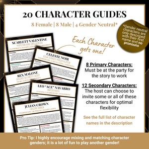 May include: A set of 20 character guides for a game, featuring black and gold cards with names like Scarlett Valentine, Celeste Noir, Rex Malone, Leo Ace Navarro, and Julian Crown. The text details biographies, secrets, and character roles.