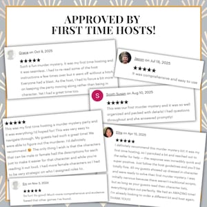 Puede incluir: Imagen con rese&ntilde;as de clientes para un juego de misterio de asesinato. El texto "APPROVED BY FIRST TIME HOSTS!" est&aacute; en la parte superior. Las rese&ntilde;as incluyen valoraciones por estrellas y comentarios.