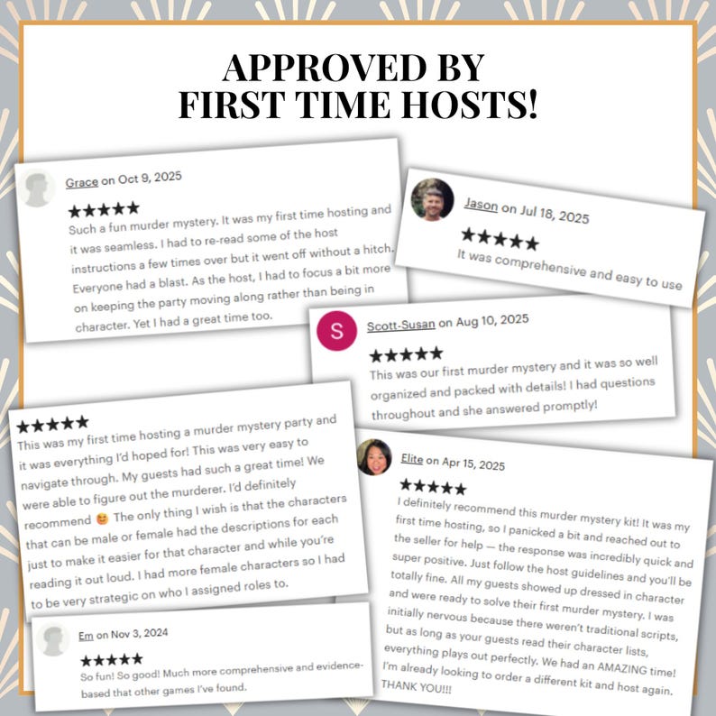 Puede incluir: Imagen con rese&ntilde;as de clientes para un juego de misterio de asesinato. El texto "APPROVED BY FIRST TIME HOSTS!" est&aacute; en la parte superior. Las rese&ntilde;as incluyen valoraciones por estrellas y comentarios.