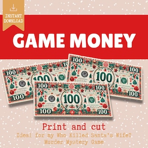 Può includere: Soldi da gioco stampabili con un design natalizio festoso in verde, rosso e bianco. Le banconote sono etichettate "100" e presentano un'illustrazione fantasiosa di un albero di Natale e altri elementi festivi. Il testo "Stampa e ritaglia" e "Ideale per il mio gioco di mistero omicidio Chi ha ucciso la moglie di Babbo Natale?" è incluso.