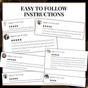 May include: A graphic display featuring the bold black text EASY TO FOLLOW INSTRUCTIONS at the top, overlaid with six white rectangular customer review cards. Each card contains a five-star rating, a reviewer name, a date, and written feedback.