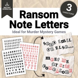 Vintage beige cover showing cut-out magazine letters forming a ransom note, for a murder mystery game. Printable detective party prop with messages in three variations, instant-download PDF.