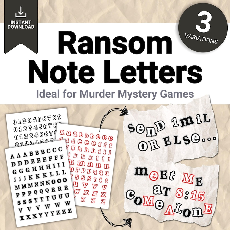Vintage beige cover showing cut-out magazine letters forming a ransom note, for a murder mystery game. Printable detective party prop with messages in three variations, instant-download PDF.