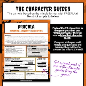 May include: A printed character guide for a murder mystery game titled Dracula, featuring sections for biography, things to share, secrets to hide, important relationships, secret task, prop suggestions, and create drama instructions.