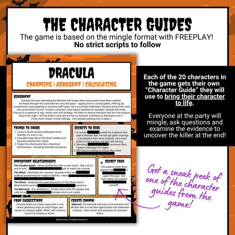 May include: A printed character guide for a murder mystery game titled Dracula, featuring sections for biography, things to share, secrets to hide, important relationships, secret task, prop suggestions, and create drama instructions.