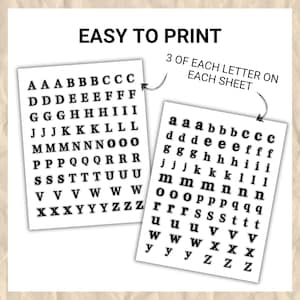 Może przedstawiać: Dwa białe arkusze papieru z czarnymi literami, wielkimi i małymi, do łatwego drukowania. Widoczny jest r&oacute;wnież tekst "EASY TO PRINT" i "3 OF EACH LETTER ON EACH SHEET".