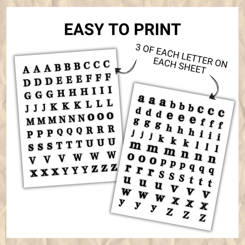 Może przedstawiać: Dwa białe arkusze papieru z czarnymi literami, wielkimi i małymi, do łatwego drukowania. Widoczny jest r&oacute;wnież tekst "EASY TO PRINT" i "3 OF EACH LETTER ON EACH SHEET".