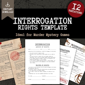 Puede incluir: Una plantilla de derechos de interrogatorio, ideal para juegos de misterio. El diseño presenta múltiples variaciones del documento, con texto y una estética vintage. Incluye "Descarga instantánea" y "12 variaciones".