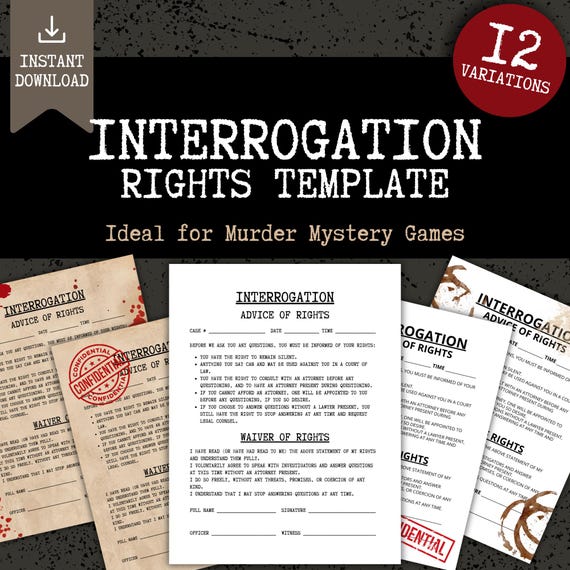 Interrogation Advice of Rights Prop for Murder Mystery Game, Authentic Police Crime Party, DIY Detective, Printable PDF, Digital Download
