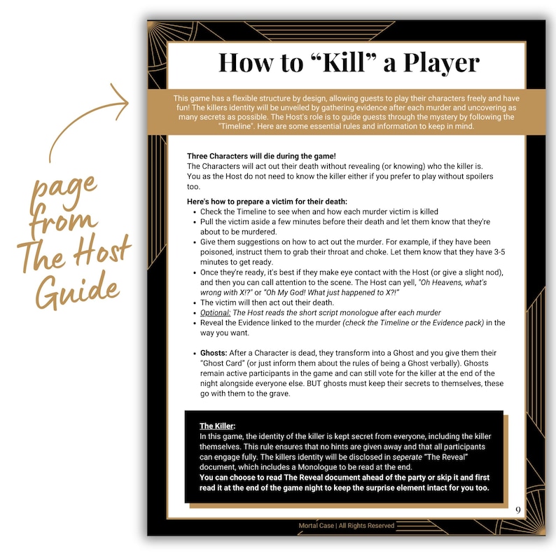 May include: A page from a host guide titled How to Kill a Player, featuring black and gold art deco borders. The text provides instructions on managing character deaths, ghost roles, and the secret identity of the killer in a mystery game.