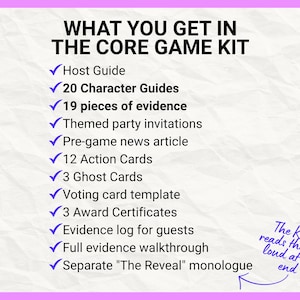 May include: A white list titled WHAT YOU GET IN THE CORE GAME KIT with blue checkmarks next to items including a Host Guide, 20 Character Guides, 19 pieces of evidence, party invitations, news article, 12 Action Cards, 3 Ghost Cards, and more.