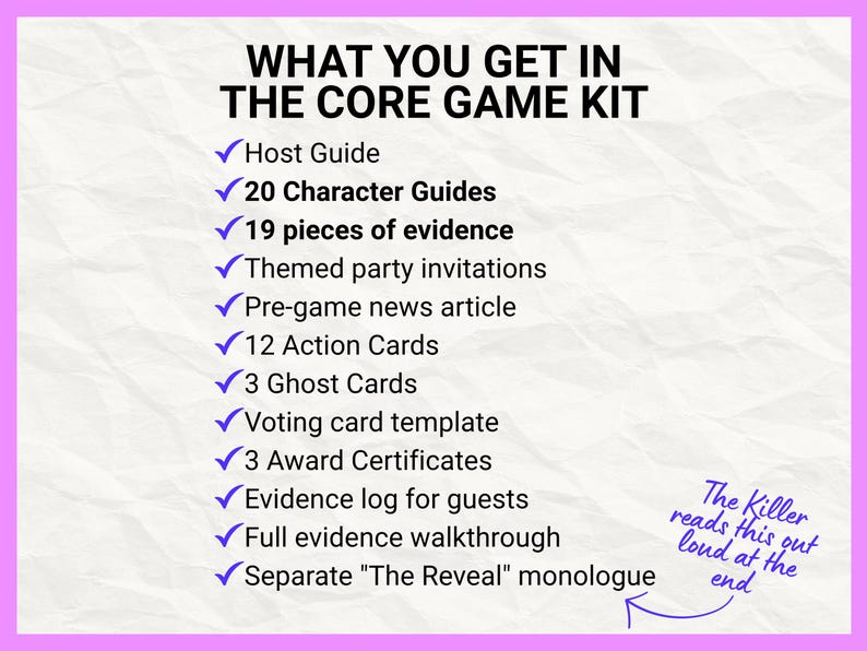 May include: A white list titled WHAT YOU GET IN THE CORE GAME KIT with blue checkmarks next to items including a Host Guide, 20 Character Guides, 19 pieces of evidence, party invitations, news article, 12 Action Cards, 3 Ghost Cards, and more.