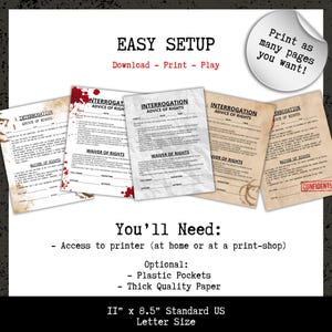 May include: Printable interrogation documents with the text "Interrogation Advice of Rights" and "Waiver of Rights." The documents are designed to be printed on A4 paper (21.6 x 27.9 cm). The image also includes the text "Easy Setup" and "Print as many pages you want!"