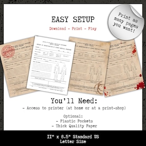 May include: Four vintage-style printable forms with the text "CONFIDENTIAL" and "REPORT OF INVESTIGATION BY COUNTY MEDICAL EXAMINER". The forms are printed on aged paper. The image also includes the text "EASY SETUP" and "Print as many pages you want!" The forms are 11" x 8.5" in size.