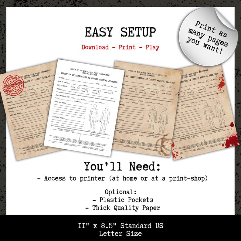 May include: Four vintage-style printable forms with the text "CONFIDENTIAL" and "REPORT OF INVESTIGATION BY COUNTY MEDICAL EXAMINER". The forms are printed on aged paper. The image also includes the text "EASY SETUP" and "Print as many pages you want!" The forms are 11" x 8.5" in size.