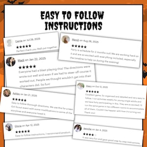 May include: A collection of six customer reviews with five-star ratings, displayed on white rectangular cards against an orange background with black bat silhouettes. The text at the top reads EASY TO FOLLOW INSTRUCTIONS in a bold, black, jagged font.