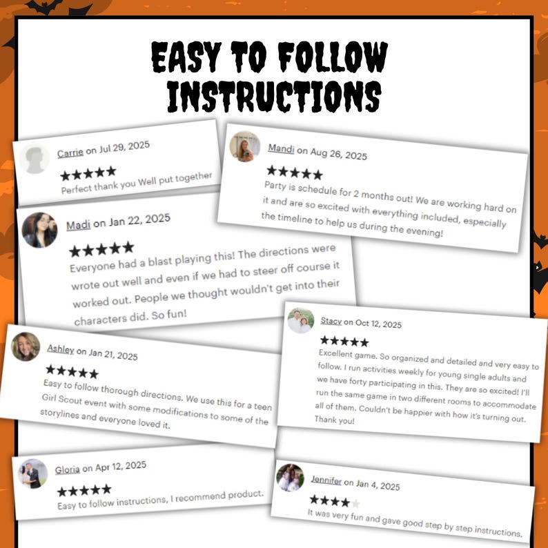 May include: A collection of six customer reviews with five-star ratings, displayed on white rectangular cards against an orange background with black bat silhouettes. The text at the top reads EASY TO FOLLOW INSTRUCTIONS in a bold, black, jagged font.