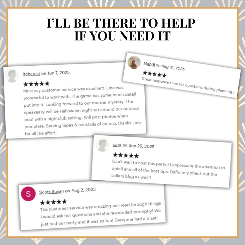 Puede incluir: Gr&aacute;fico gris claro con el texto "I'LL BE THERE TO HELP IF YOU NEED IT." La imagen incluye rese&ntilde;as de clientes con calificaciones de 5 estrellas. Las rese&ntilde;as mencionan un excelente servicio al cliente y experiencias de juego detalladas.