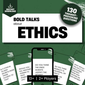 Tarjetas de preguntas con temática de ÉTICA, temas para iniciar conversaciones, juegos de charlas informales para adultos, temas de chat, PDF imprimible, descarga digital