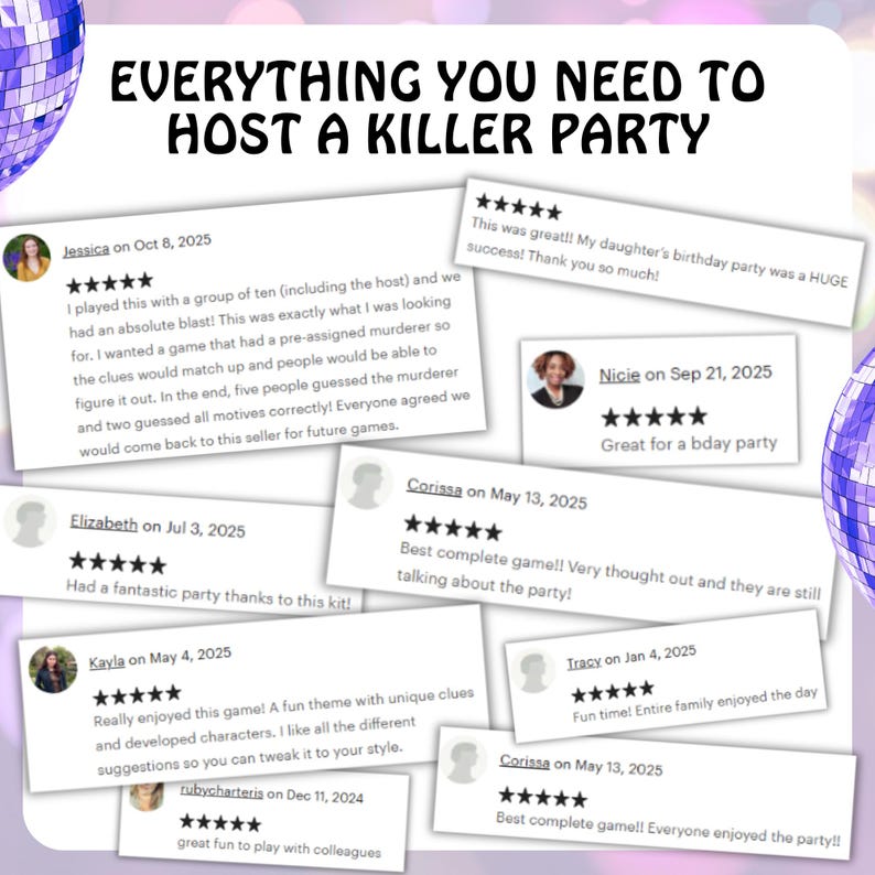 May include: Image with the text "EVERYTHING YOU NEED TO HOST A KILLER PARTY". Features customer reviews with 5-star ratings. Reviews highlight fun themes, unique clues, and enjoyable experiences for groups.
