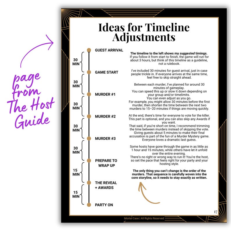May include: A page from a host guide titled Ideas for Timeline Adjustments, featuring a black and gold border. The document outlines a murder mystery game schedule with a vertical timeline showing 15 to 30-minute intervals for events like guest arrival, game start, three murders, wrap up, and the reveal.