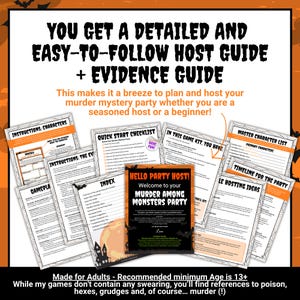 May include: A murder mystery party game kit featuring a host guide, evidence guide, quick start checklist, master character list, and game instructions. The documents include black text on white paper with orange accents and Halloween-themed graphics.