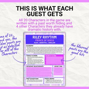 May include: A purple and white character profile sheet for a game titled Riley Rhythm, Prince of Disco. The document includes sections for biography, things to share, secrets to hide, important relationships, secret task, and prop suggestions.